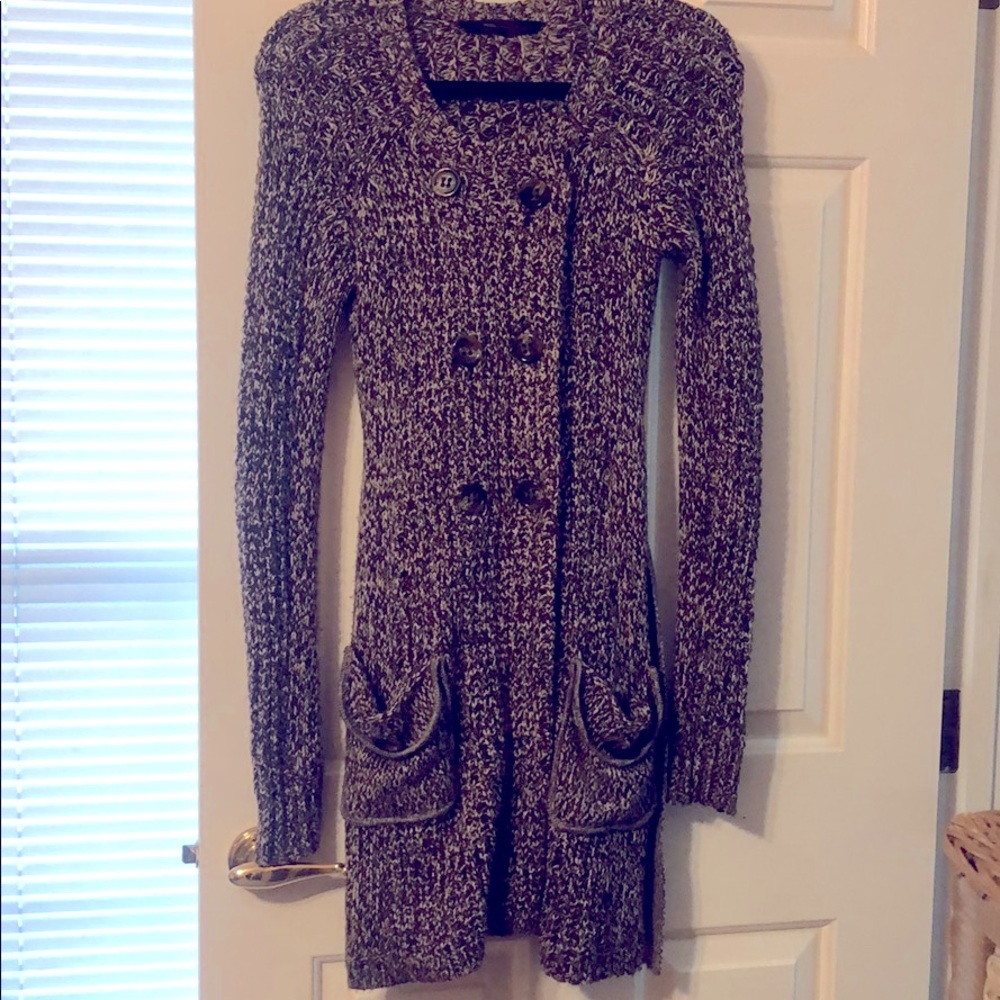 BCBG long button down sweater with tie